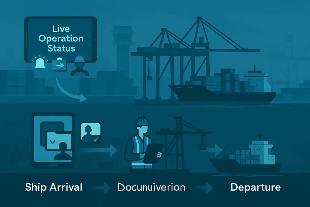 A high-resolution landscape infographic-style image themed in navy blue and deep teal, showing a seamless port operations flow. Visuals include a cargo ship arriving at port, cranes unloading containers, a digital dashboard on a tablet displaying “Live Operation Status”, and icons for real-time alerts, file sharing, and supervisor communication. Arrows indicate smooth transition from arrival to departure. Background blends cranes, containers, and maritime control tower with glowing icons — symbolizing speed, transparency, and digital tracking
